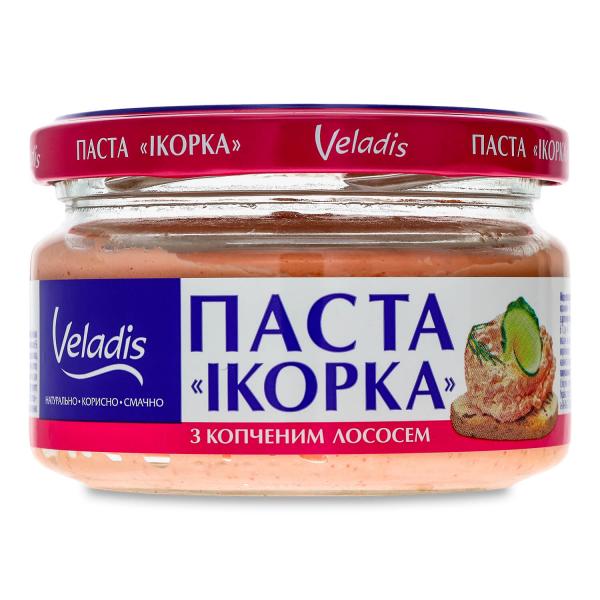 Паста Veladis Икорка из икры мойвы с кусочками копченой семги деликатесная с/б